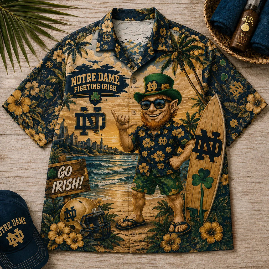 Notre Dame Fighting Irish Tropical Beach Leprechaun Hawaiian Shirt Notre Dame Football Merch - Merchluma