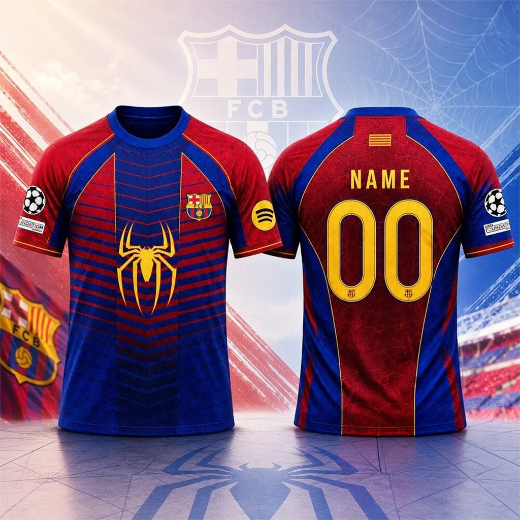 Personalized FC Barcelona Spider Man Crossover Design Jersey Shirt 2026 Fan Gear Gift For Men - Merchluma