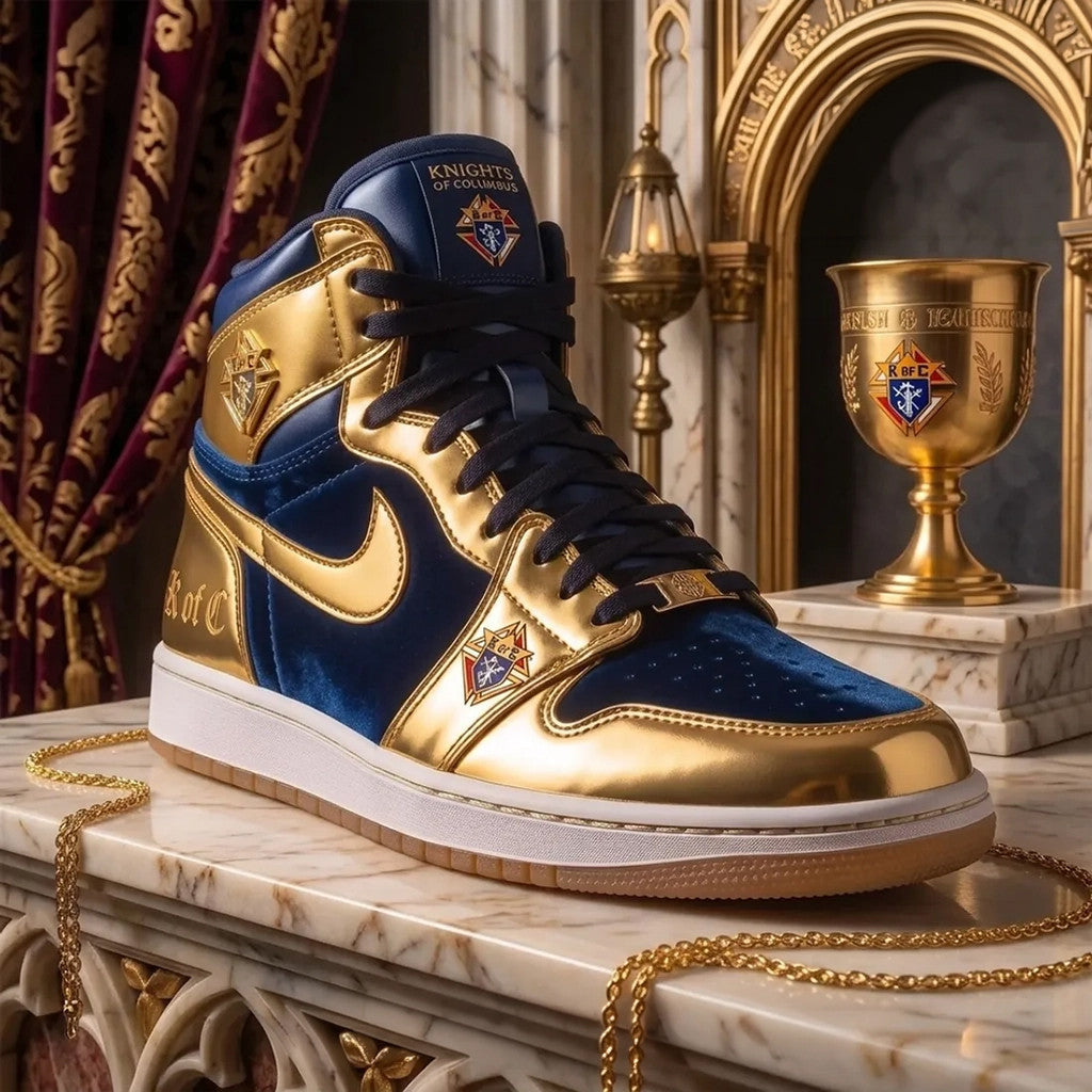 Knights Of Columbus Gold Navy High Top Sneakers Catholic Shoes K Of C Merch Fathers Gifts - Merchluma