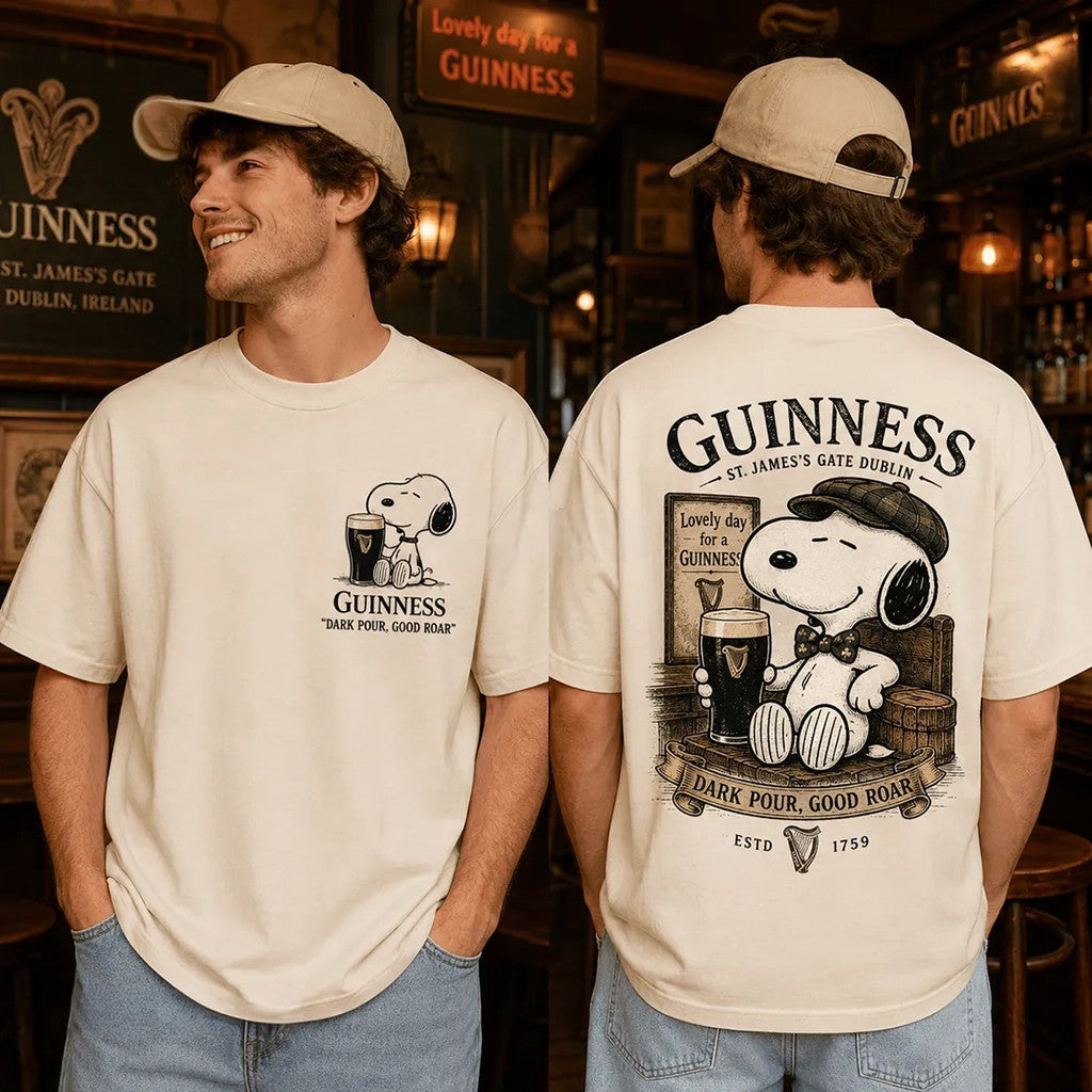 Guinness X Snoopy Vintage Cream T-Shirt Dark Pour Good Roar Shirt Gifts For Fathers - Merchluma