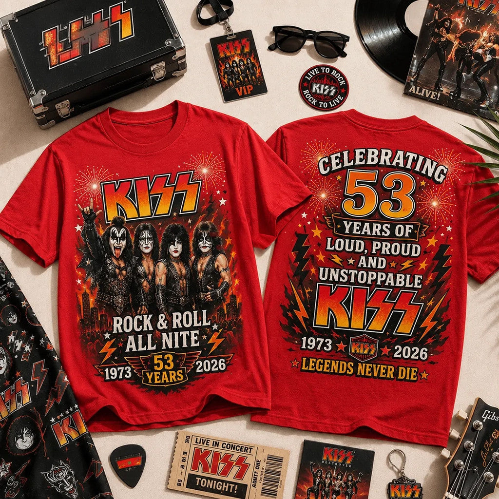 KISS 53rd Anniversary 1973 2026 Red T-Shirt Rock And Roll All Nite Shirt KISS Band Merch Gifts - Merchluma