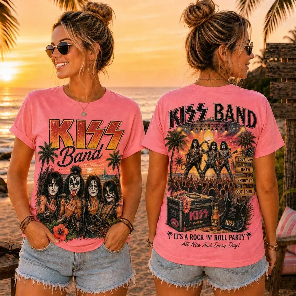 KISS Band Pink Retro Sunset T-Shirt 2026 KISS Merch Cool Summer Gift For Music Lovers - Merchluma