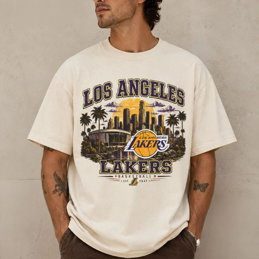 Los Angeles Lakers City Skyline Vintage T-Shirt 2026 LA Lakers Merch Gift For Basketball Fans - Merchluma