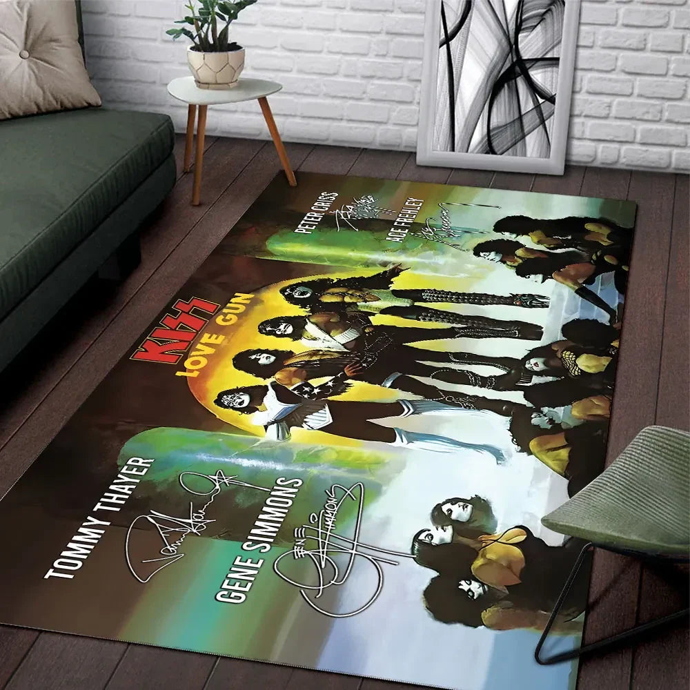 KISS Love Gun 50th Anniversary Rectangular Rug Living Room Decor KISS Band Merch Signature - Merchluma