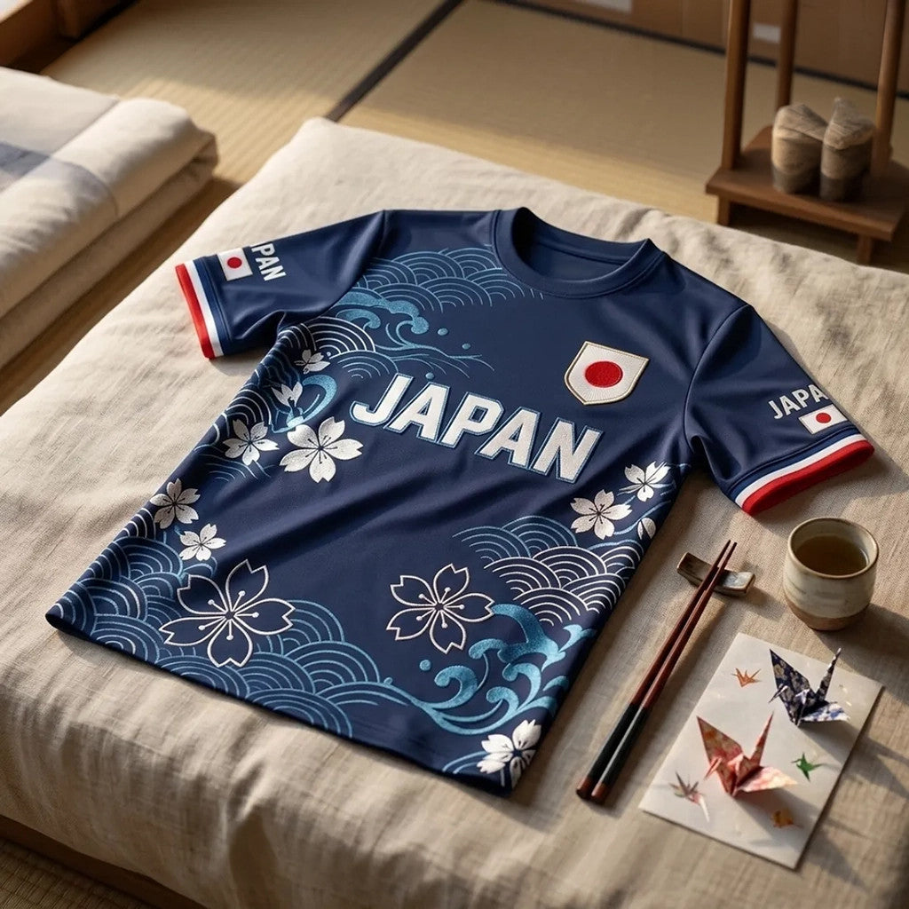 Japan Soccer Navy Blue Cherry Blossom T-Shirt Japan World Cup 2026 Merch Gift For Dad - Merchluma