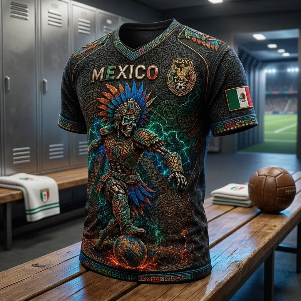 Mexico National Football Team Merch Aztec Skull V-Neck T-Shirt Mexico World Cup Merch 2026 - Merchluma
