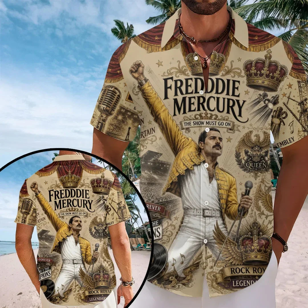 Freddie Mercury The Show Must Go On Hawaiian Shirt 2026 Freddie Mercury Merch Dad Gifts - Merchluma