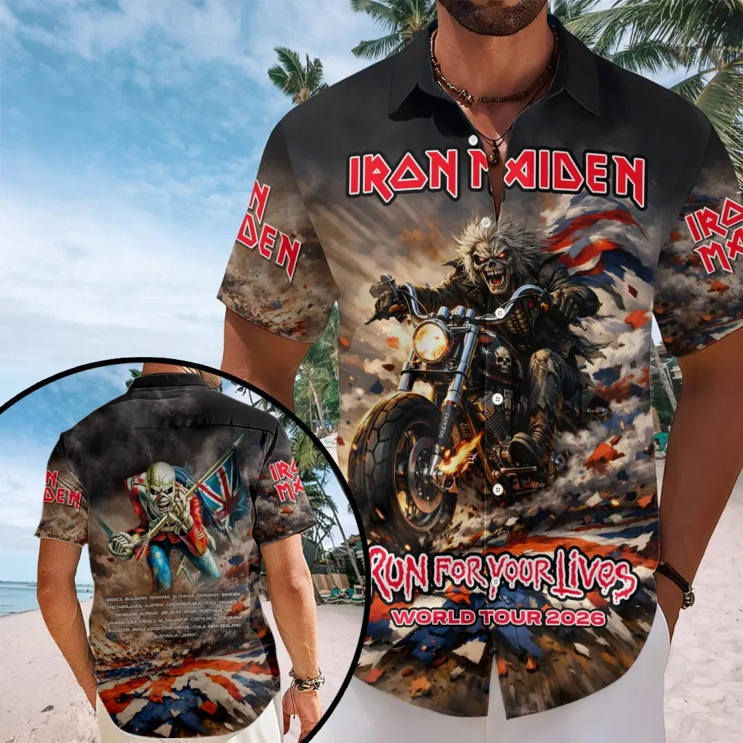 Iron Maiden 2026 World Tour Merch Run For Your Lives Tour Hawaiian Shirt Gifts For Fans - Merchluma