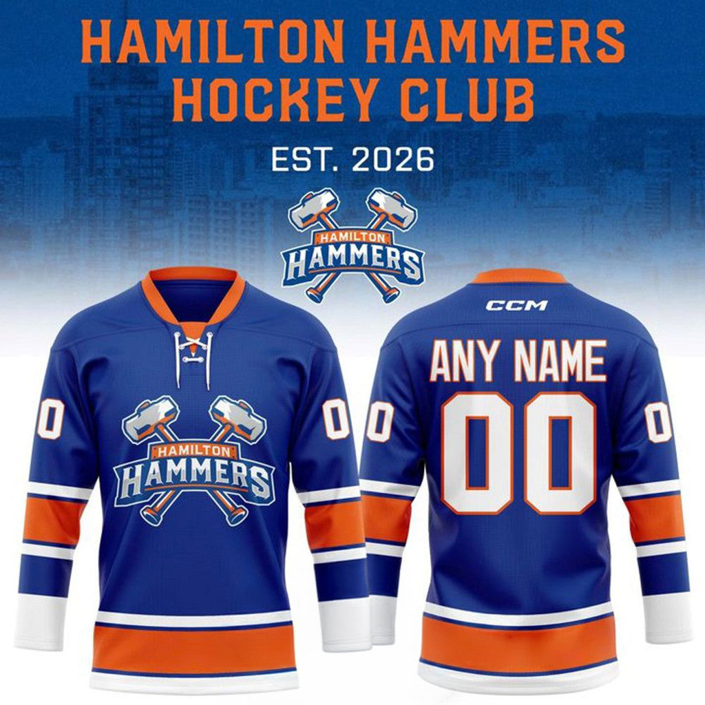 Personalized Hamilton Hammers Ice Blue And Orange Team 2026 Hockey Jersey Hammers Merch - Merchluma