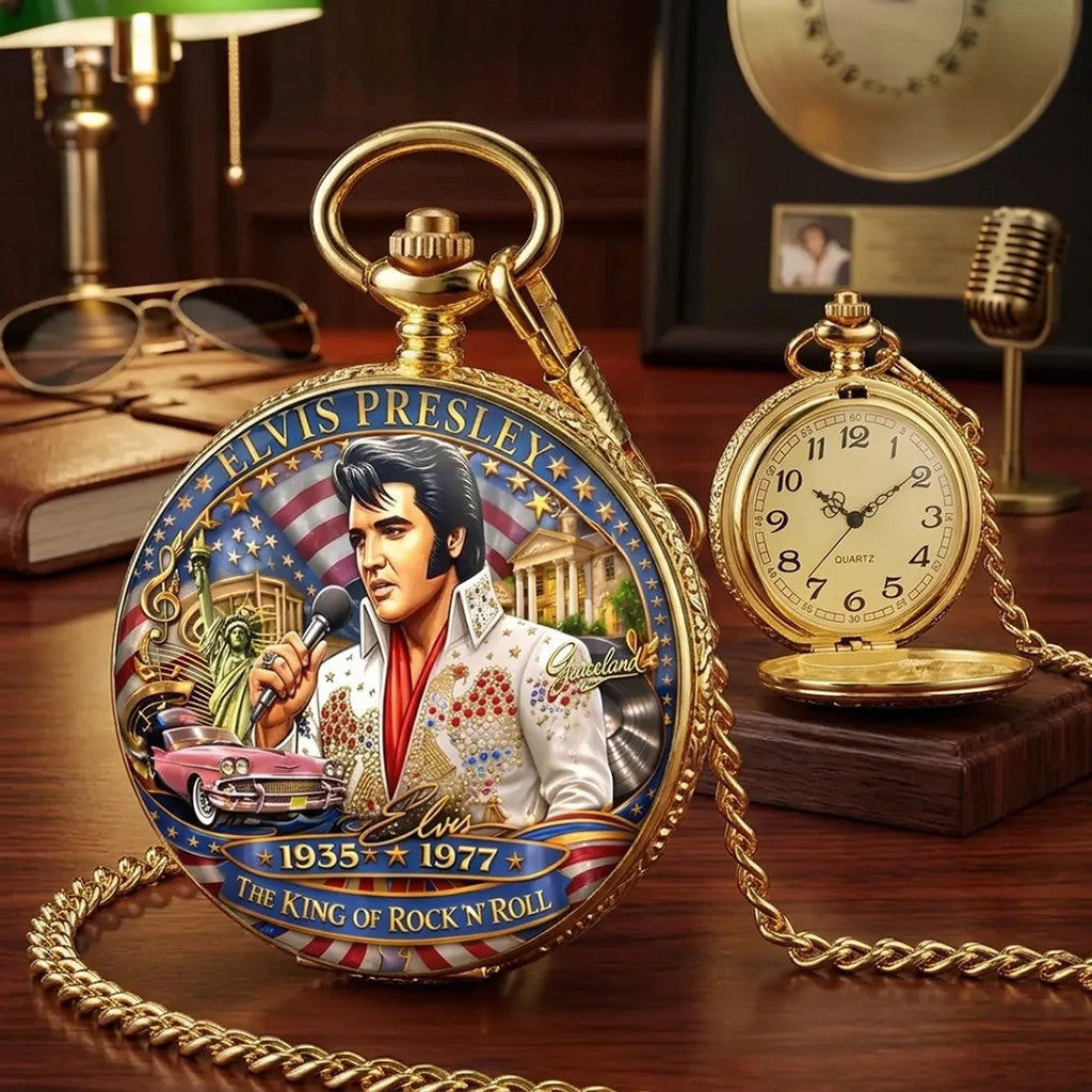 Elvis Presley Commemorative Gold Pocket Watch The King Of Rock N Roll Elvis Presley Merch - Merchluma