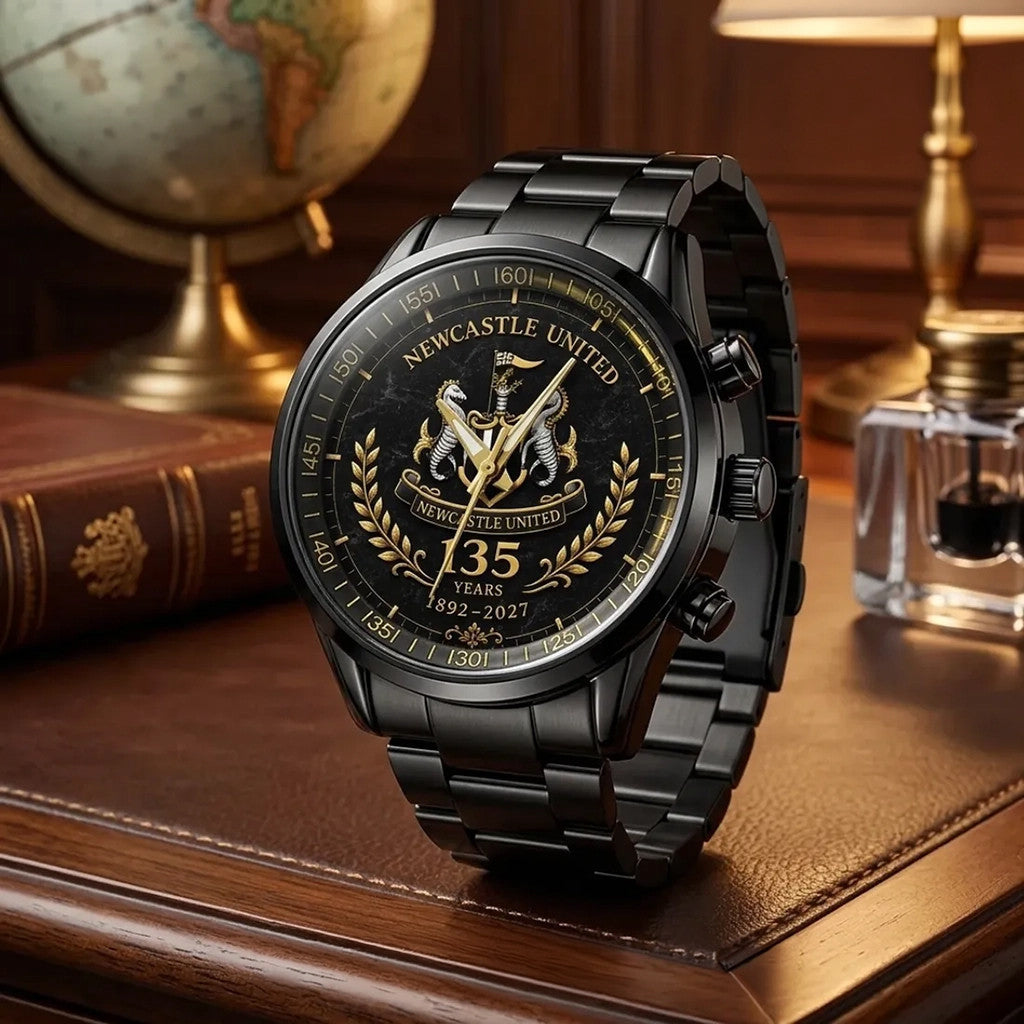 Newcastle United 135th Anniversary Black Stainless Steel Watch Newcastle United FC Merch - Merchluma