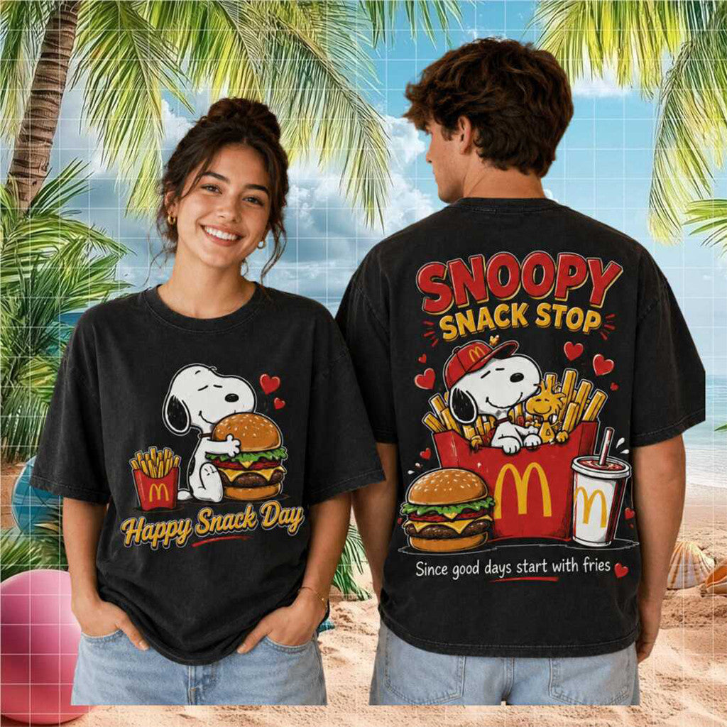Snoopy Snack Stop McDonald Happy Snack Day Wash T-Shirt Cartoon Burger Lover Family Gifts - Merchluma