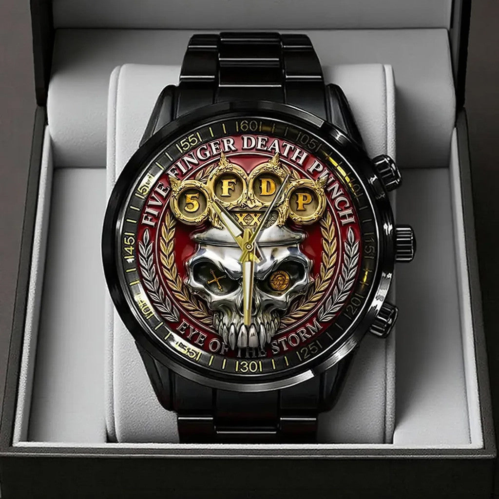 Five Finger Death Punch Skull Black Stainless Steel Watch 2026 5FDP Merch Gift For Band Fans - Merchluma