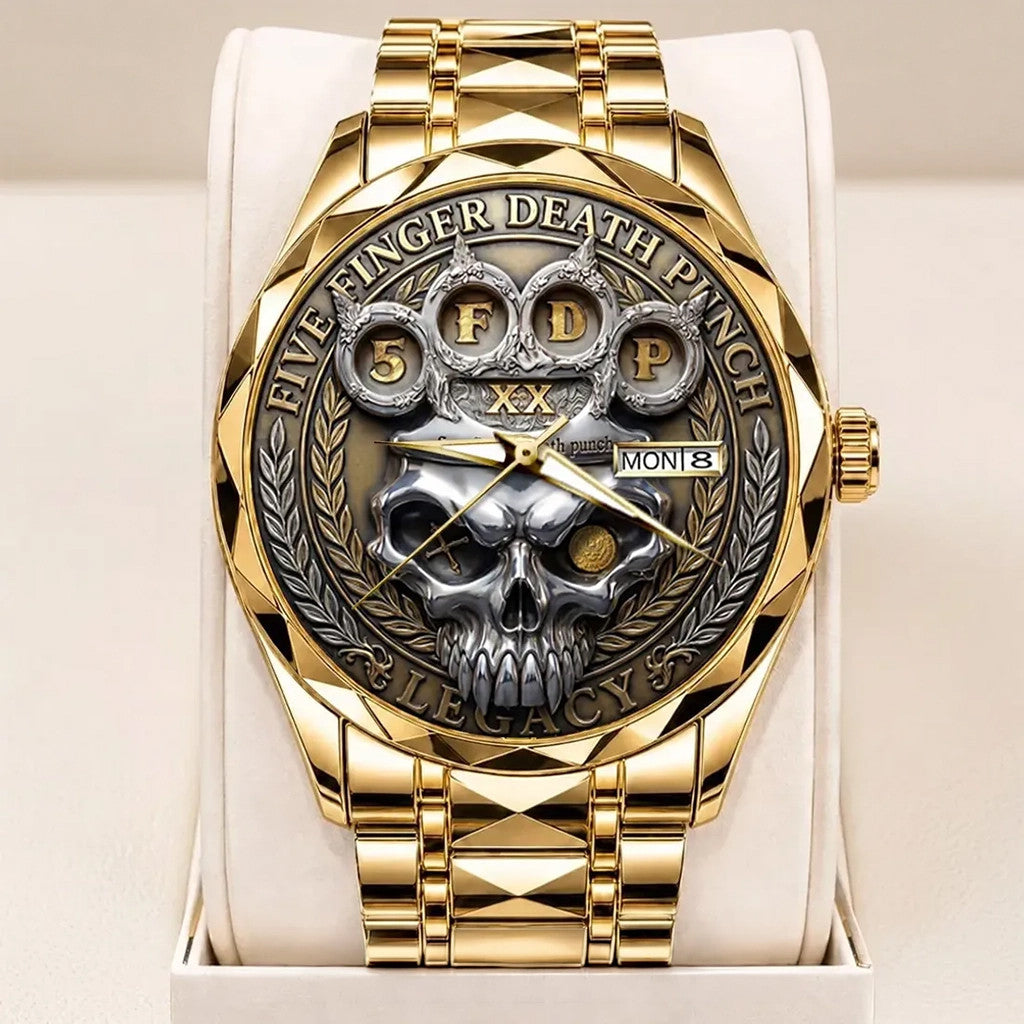 Five Finger Death Punch Legacy Gold Tone Embossed Quartz Watch FFDP Merch 2026 Fan Gifts - Merchluma