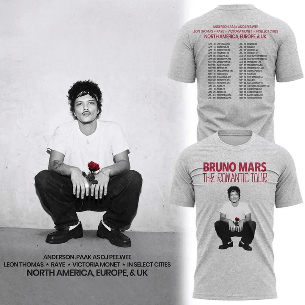 Bruno Mars Merch Bruno Mars The Romantic Tour 2026 T-Shirt Gifts For Music Fans - Merchluma