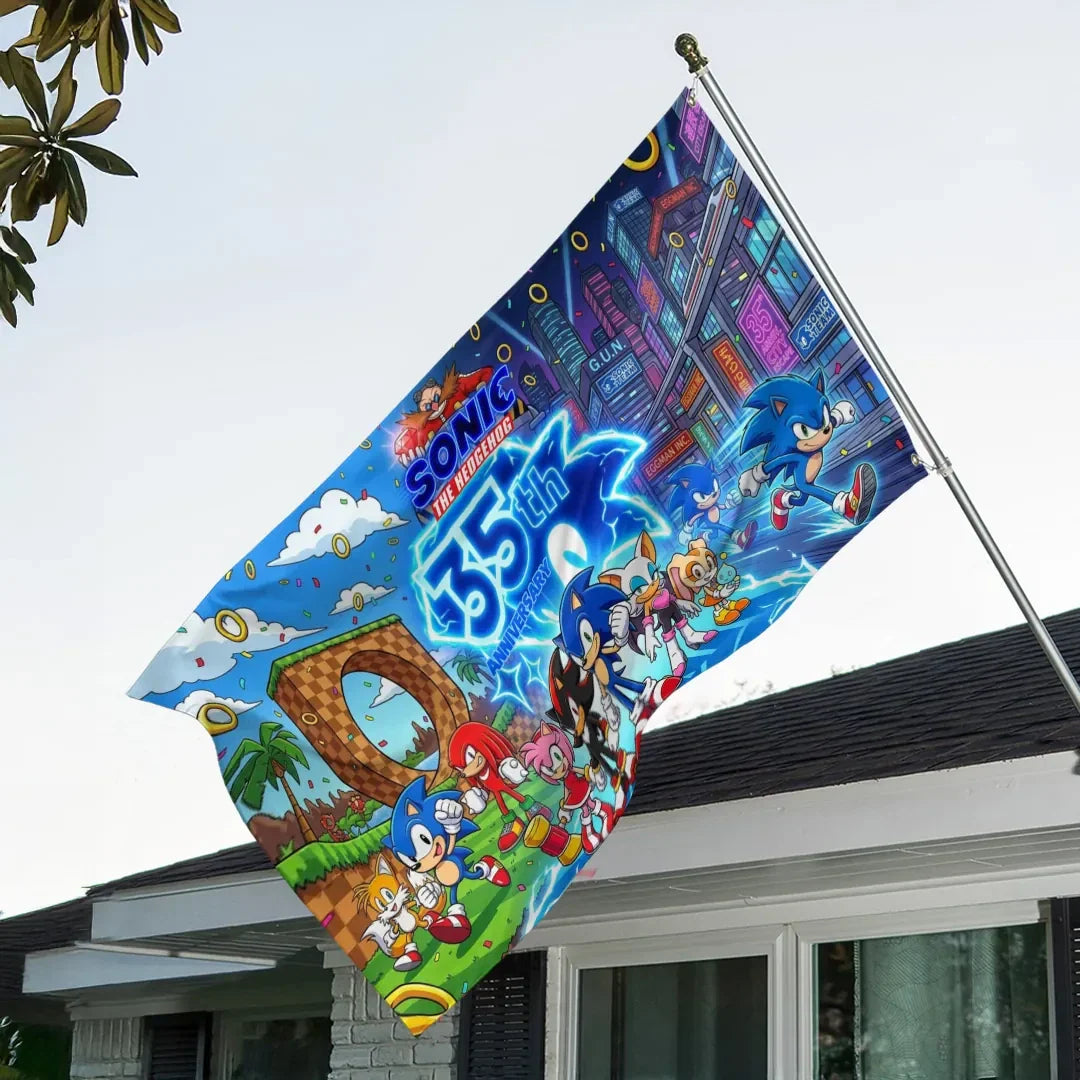 Sonic The Hedgehog 35th Anniversary Flag Indoor Outdoor Decor Sonic The Hedgehog Merch Gifts - Merchluma