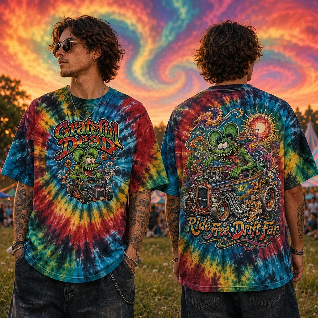 Grateful Dead Tie Dye Rat Hot Rod T-Shirt Ride Free Drift Far Shirt Gifts For Fans - Merchluma