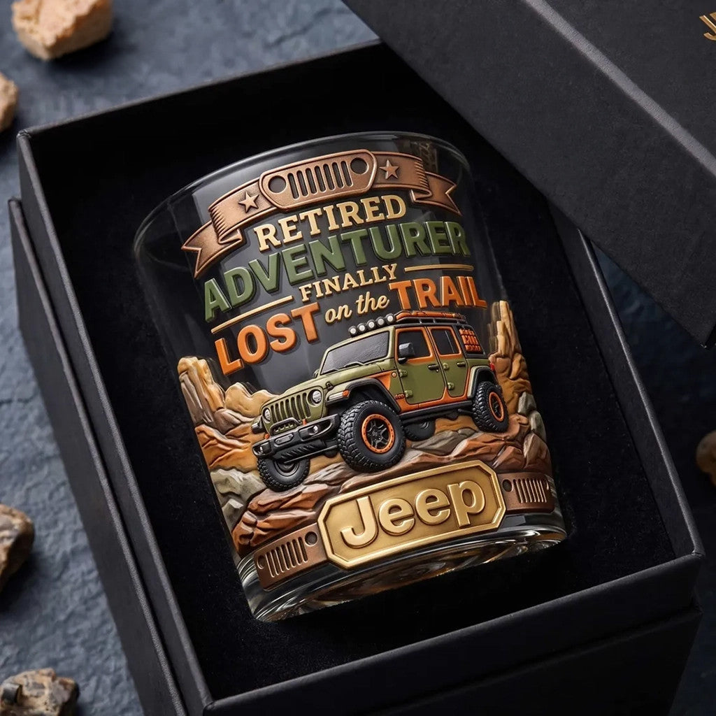 Jeep Retired Adventurer Finally Lost On The Trail Jeep Whiskey Glass 2026 Jeep Merch Gifts - Merchluma