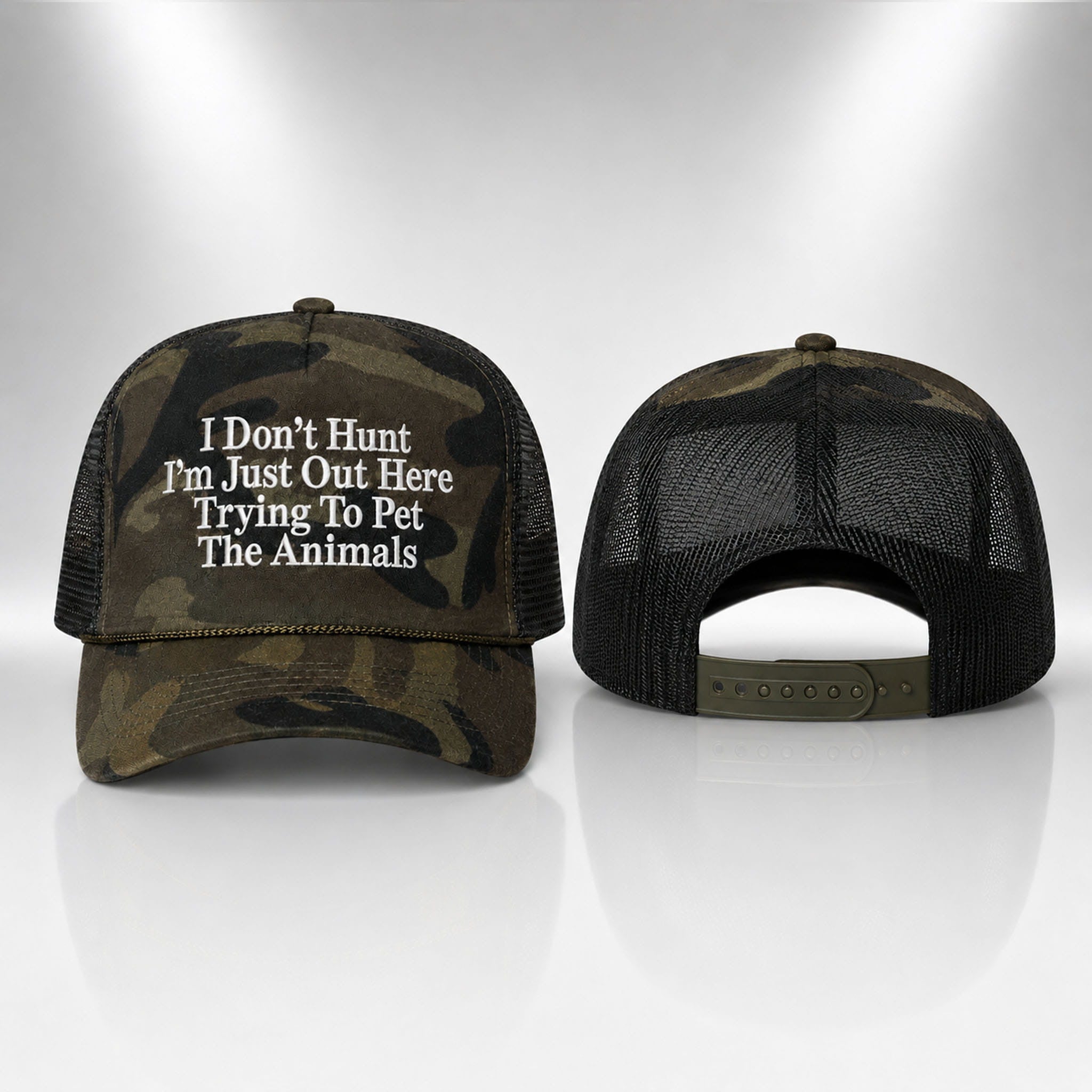 I Don't Hunt I'm Just Out Here Trying To Pet The Animals Trucker Hat Funny Hunting Cap Dad Gift - Merchluma