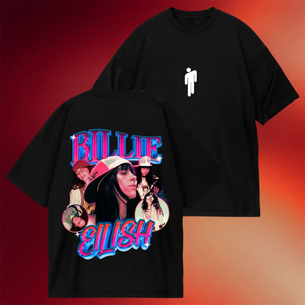 Billie Eilish Merch 2026 Billie Eilish Retro Pink Black T-Shirt Music Lover Gifts For Him - Merchluma