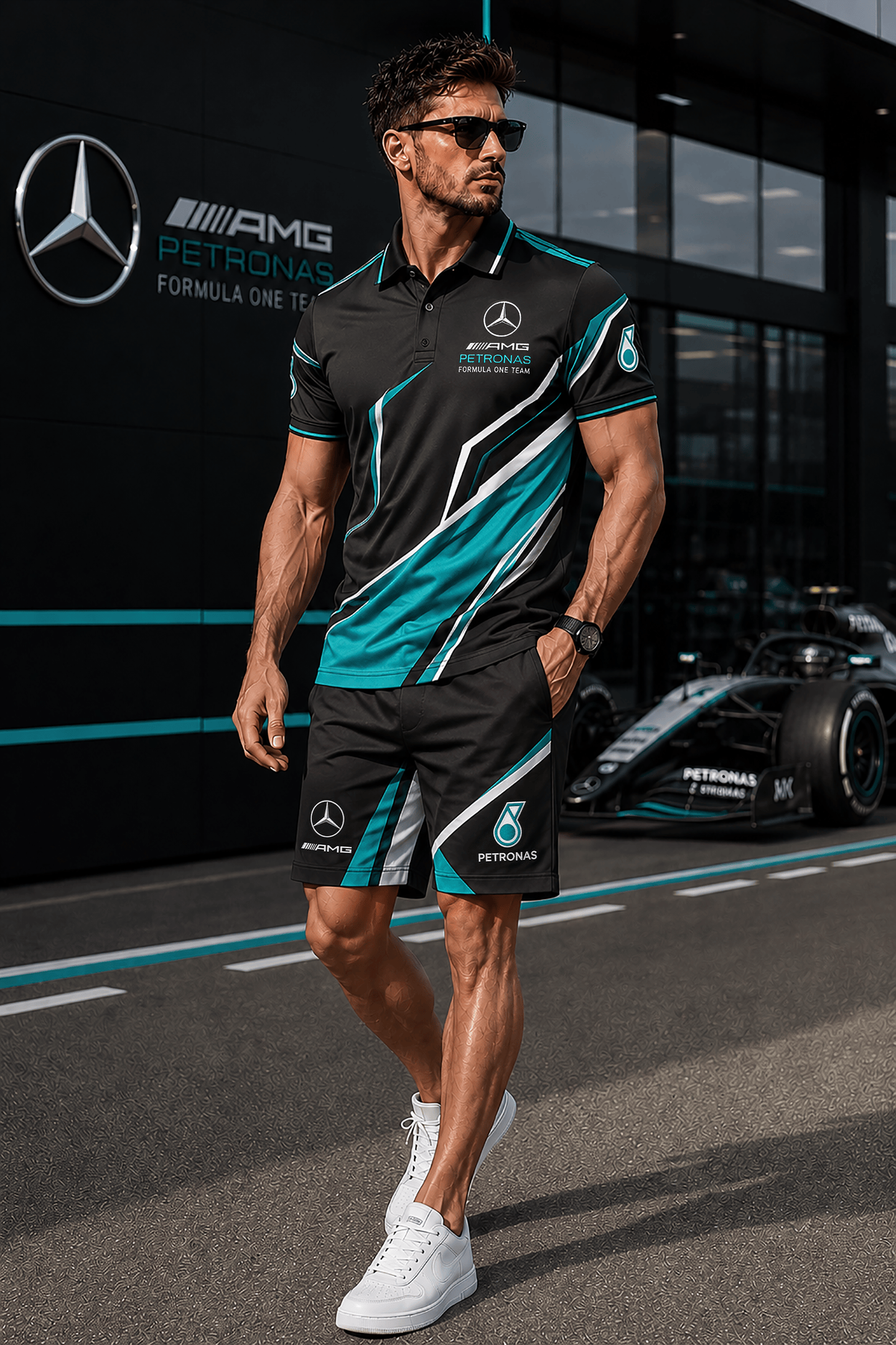 Merc AMG Petronas Sport Polo Shirt And Shorts Set F1 Racing Fan Gear Gift For Dad - Merchluma