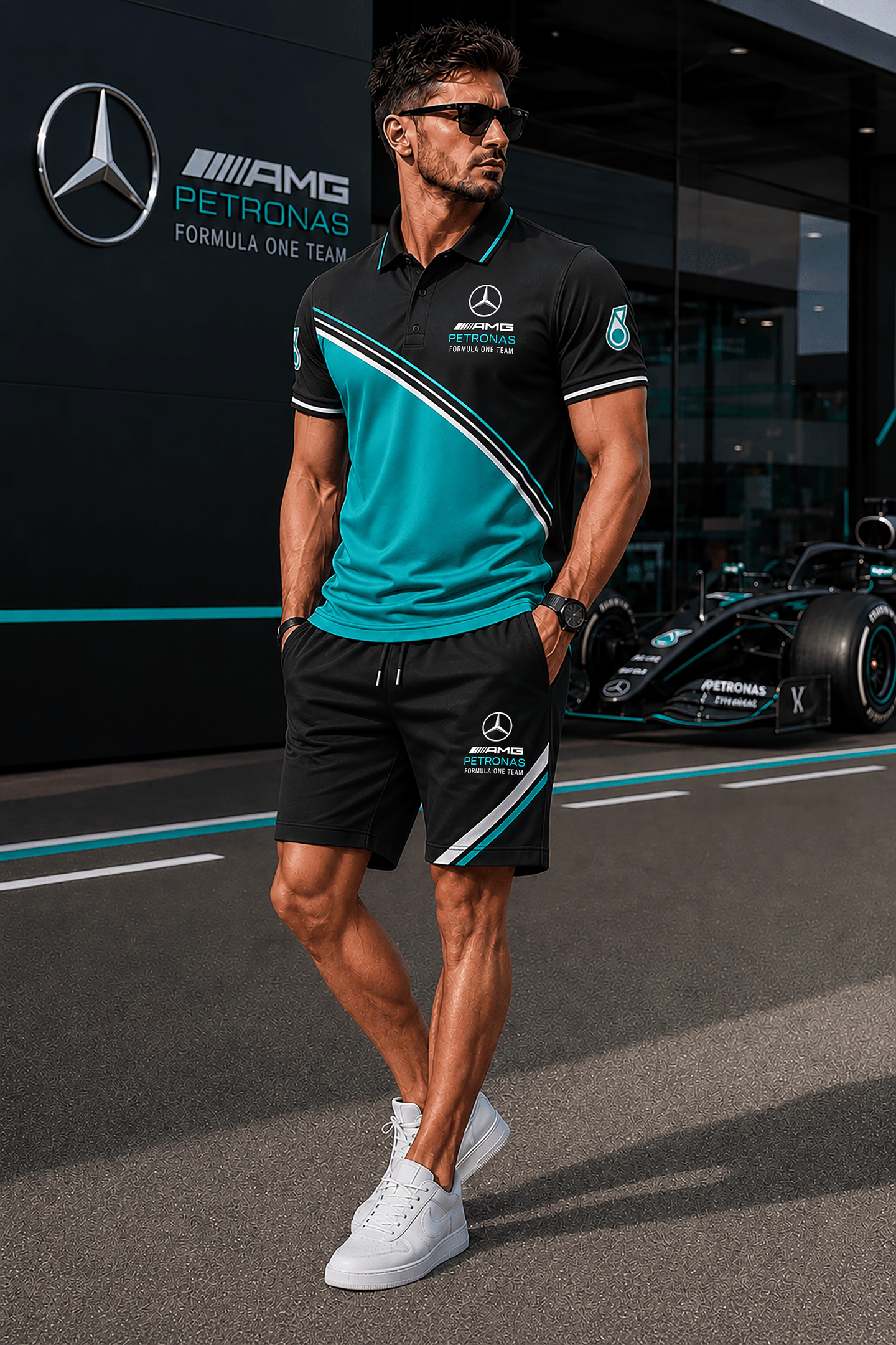 Merc AMG Petronas Sport Polo Shirt And Shorts Set Gift For F1 Racing Fans Gift for Dad - Merchluma