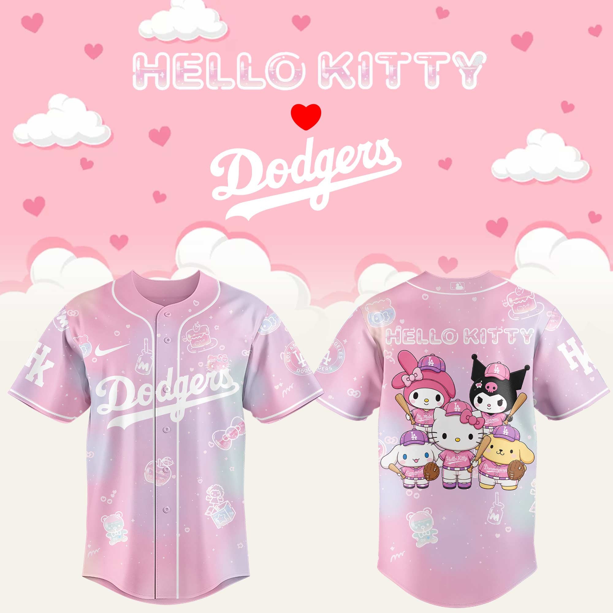 LA Dodgers x Hello Kitty Theme Nights Jersey Dodgers Merch Gifts For Baseball Fans - Merchluma