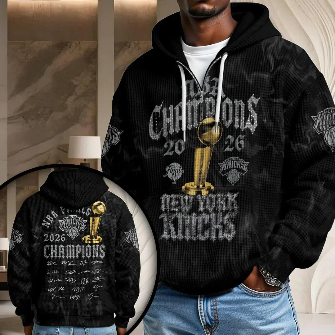 NY Knicks Merch New York Knicks 2026 Finals Champions Quarter Zip Hoodie Fan Gear - Merchluma