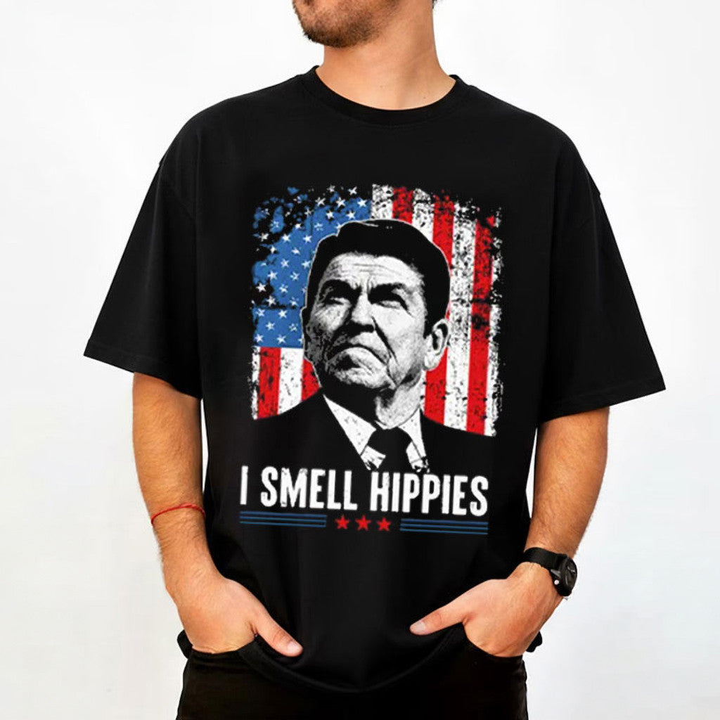 Ronald Reagan I Smell Hippies T-Shirt 2026 Political Shirt Ronald Reagan Merch Black - Merchluma
