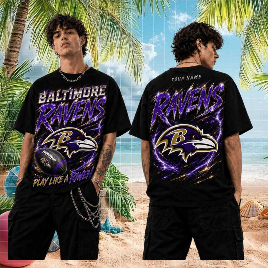 Personalized Baltimore Ravens Play Like A Raven T-Shirt 2026 Ravens Merch Football Fan Gifts - Merchluma