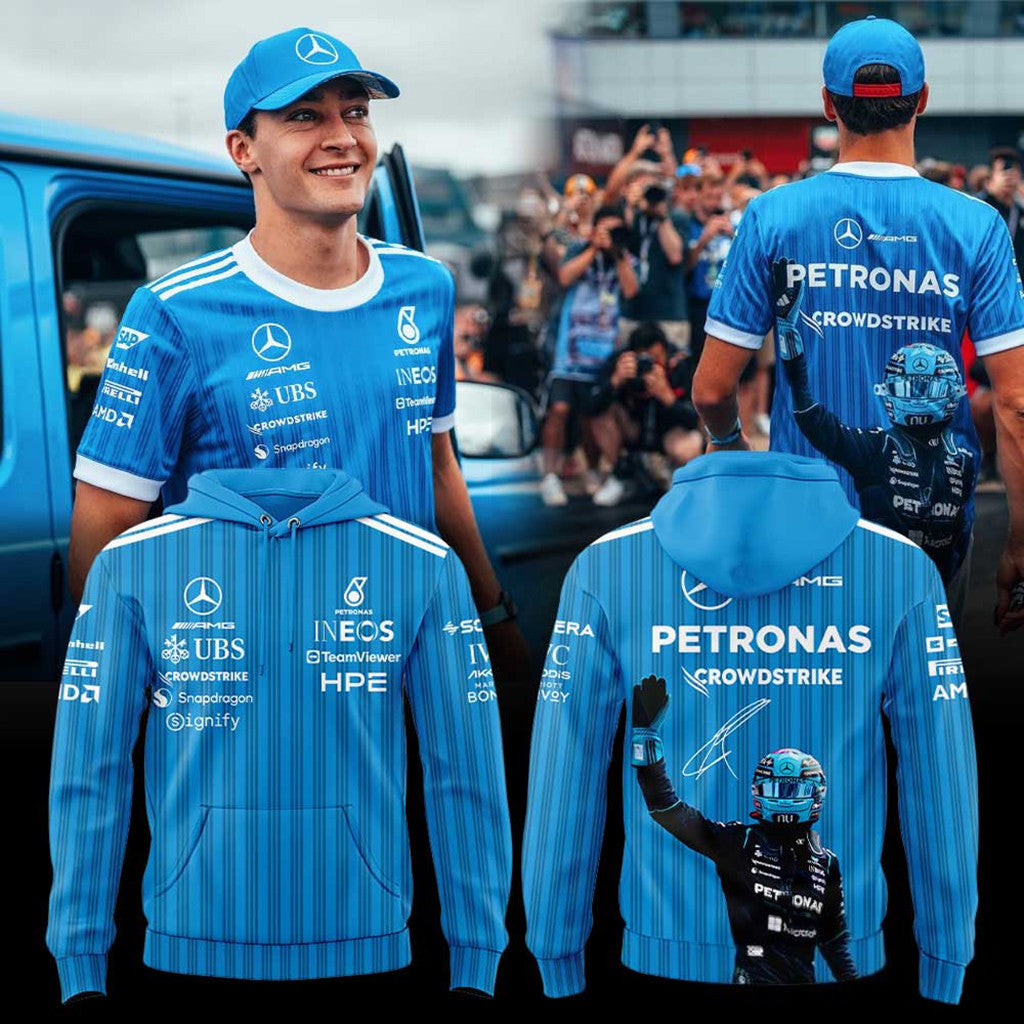 Mercedes AMG PETRONAS F1 Team George Russell Signature Hoodie Gifts For Racing Fans - Merchluma