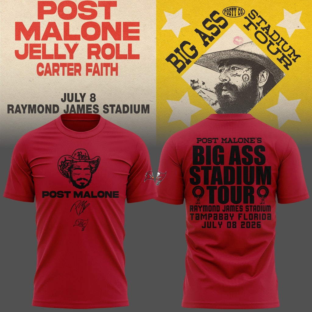 Post Malone X Tampa Bay Buccaneers Big Ass Stadium Tour 2026 Red Shirt Post Malone Merch Tour - Merchluma