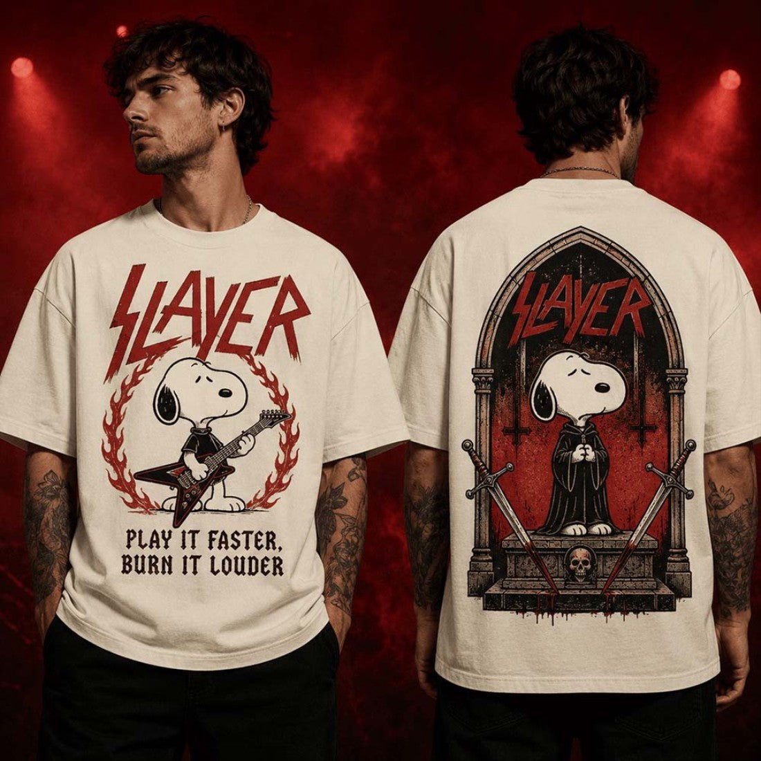 Snoopy X Slayer Play It Faster Burn It Louder T-Shirt Slayer Merch Gifts For My Brother - Merchluma
