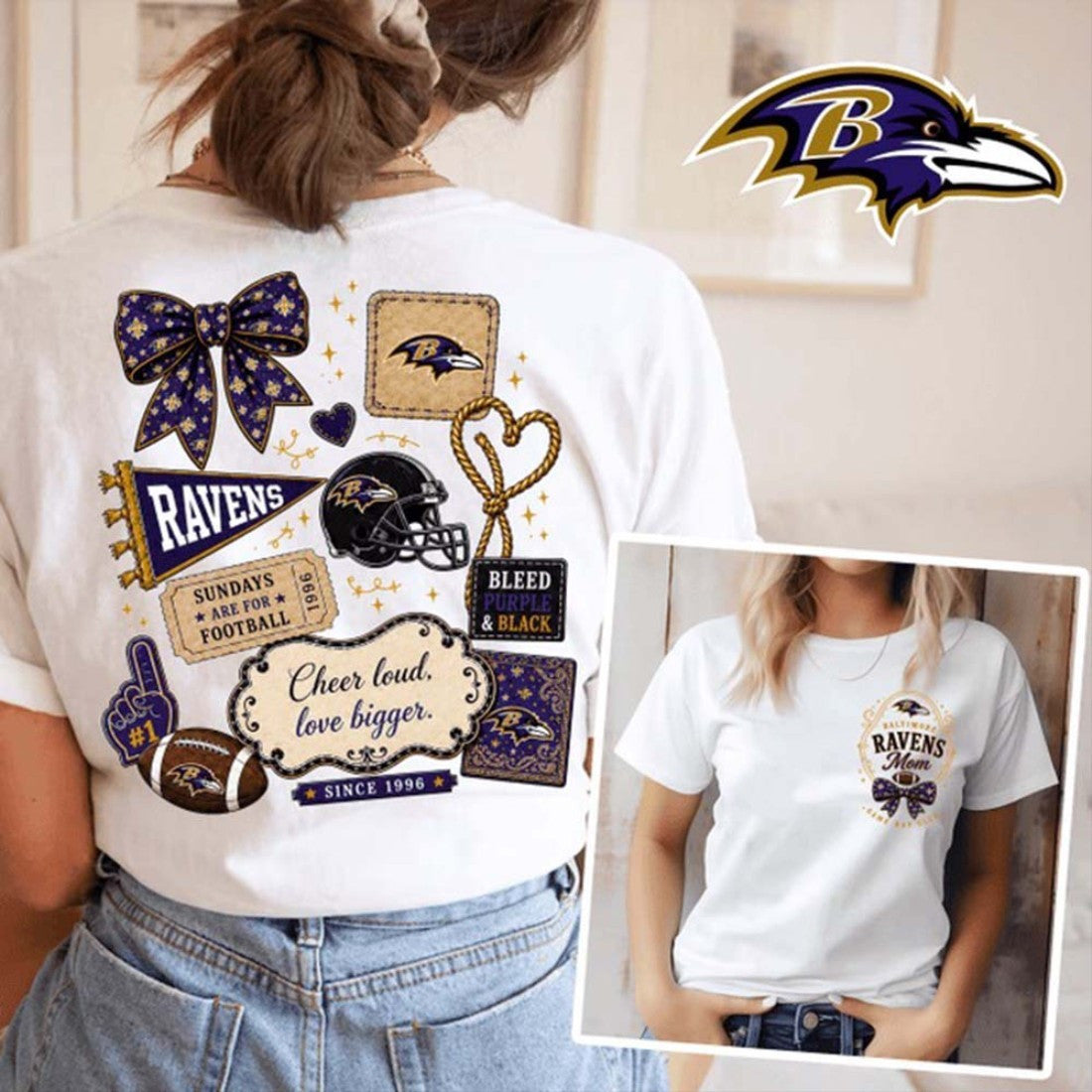 Baltimore Ravens T-Shirt Floral Bow Football Patch Merch Retro Gifts For Fans - Merchluma
