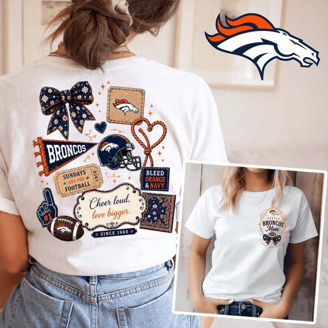 Denver Broncos Merch Denver Broncos Floral Bow Football Patch T-Shirt Gift For Mom - Merchluma