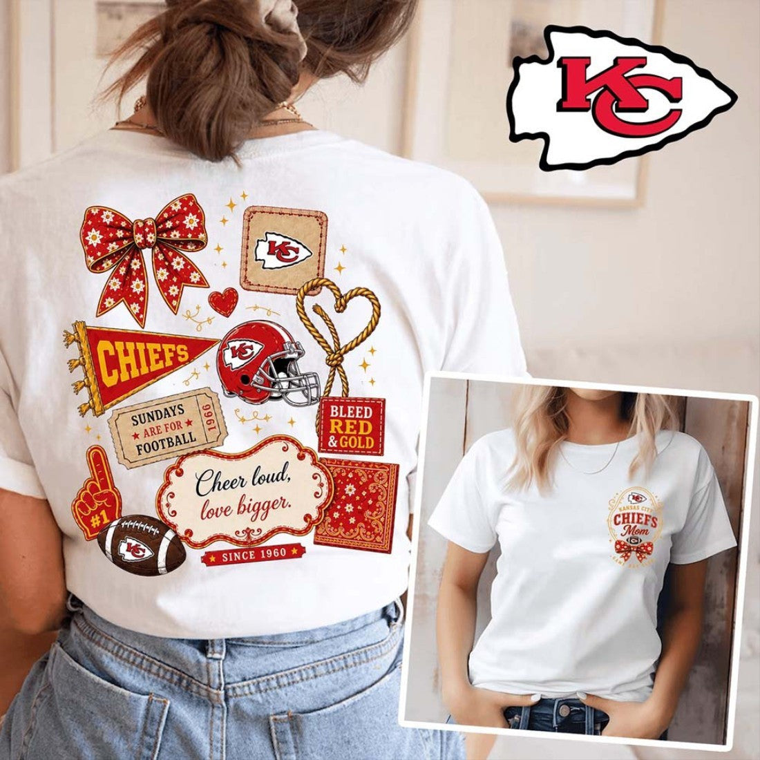 Kansas City Chiefs Merch Chiefs Bow Football Patch T-Shirt Gifts For My Her - Merchluma