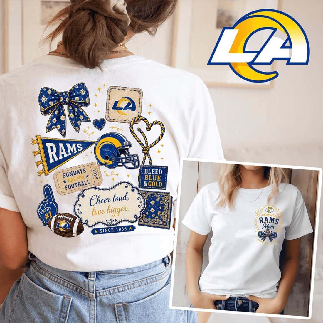 Los Angeles Rams Merch Rams Floral Bow Football T-Shirt Gifts For Wife Who Has Everything - Merchluma