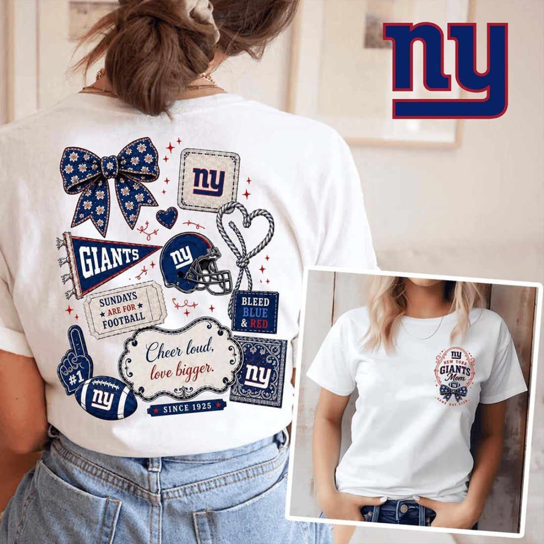 New York Giants Merch NY Giants Floral Bow Football Patch T-Shirt Fan Gift Ideas - Merchluma