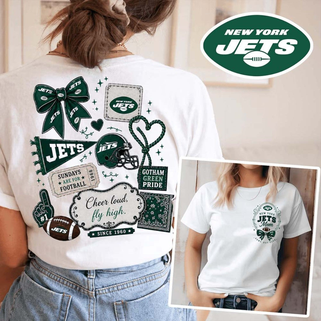 New York Jets Merch New York Jets Floral Bow Football Patch T-Shirt Birthday Gift For Her - Merchluma