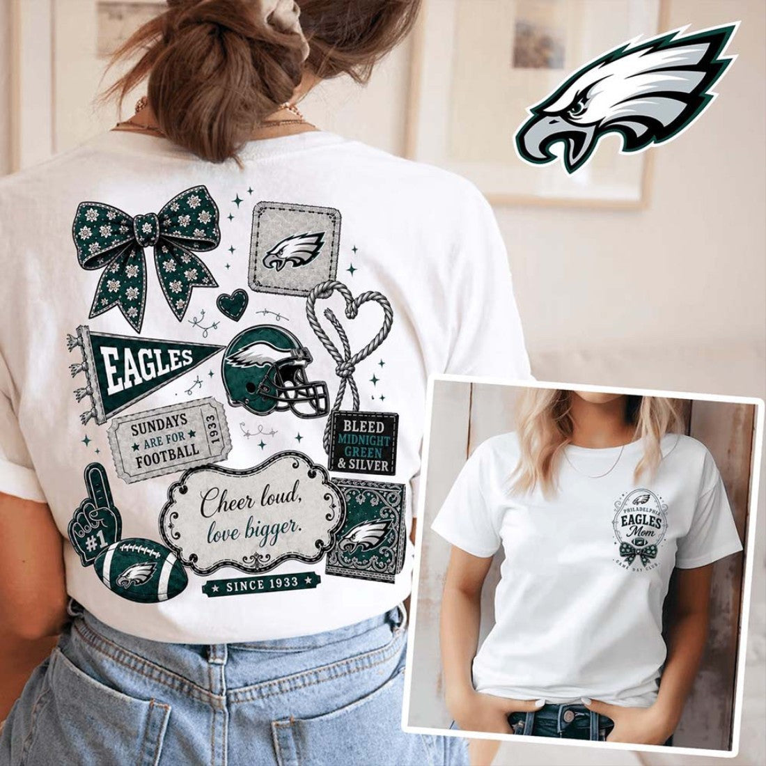 Philadelphia Eagles Merch Philadelphia Eagles Floral Bow Football Patch T-Shirt Gift Ideas - Merchluma