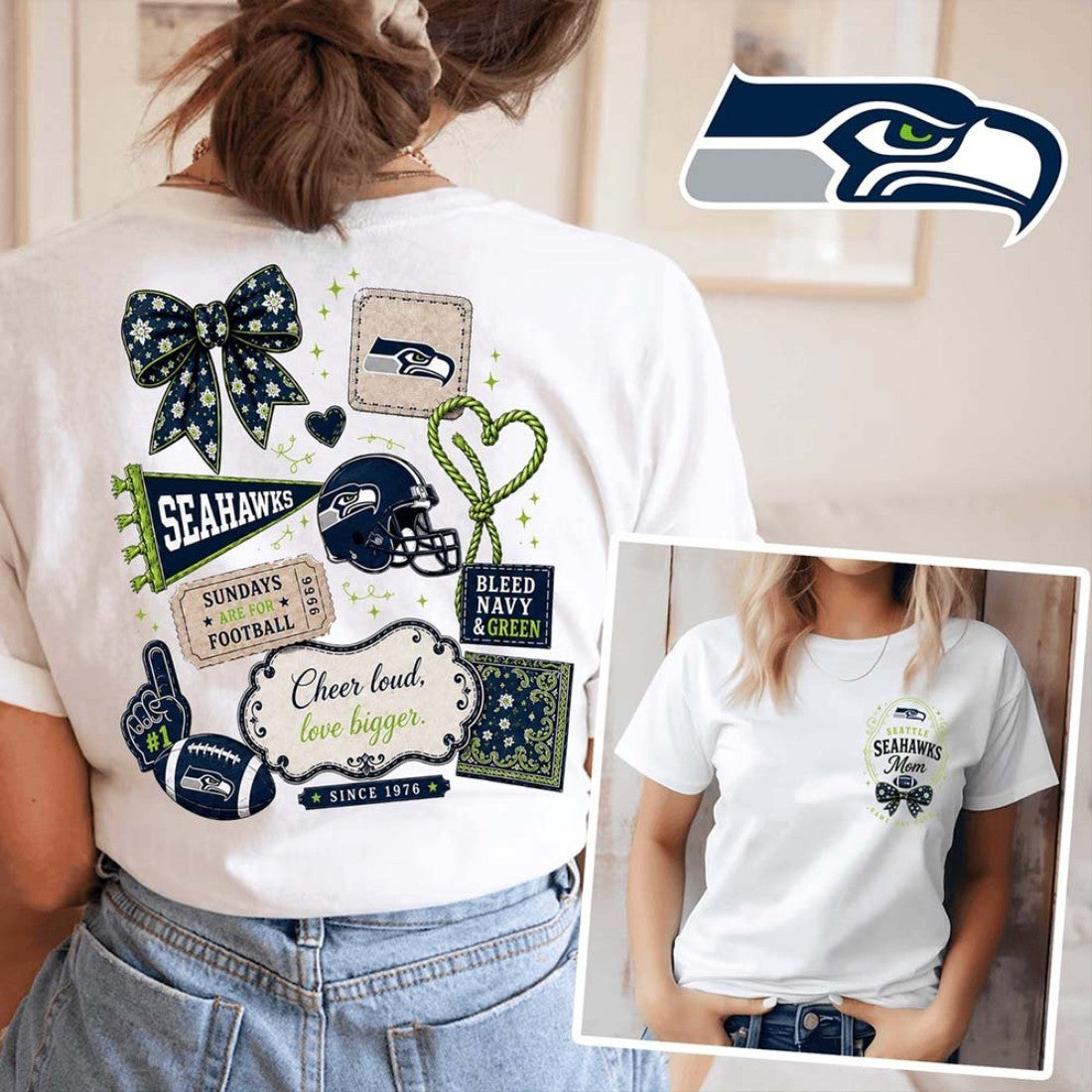 Seattle Seahawks Merch Seattle Seahawks Floral Bow Football Patch T-Shirt Gift For Her - Merchluma
