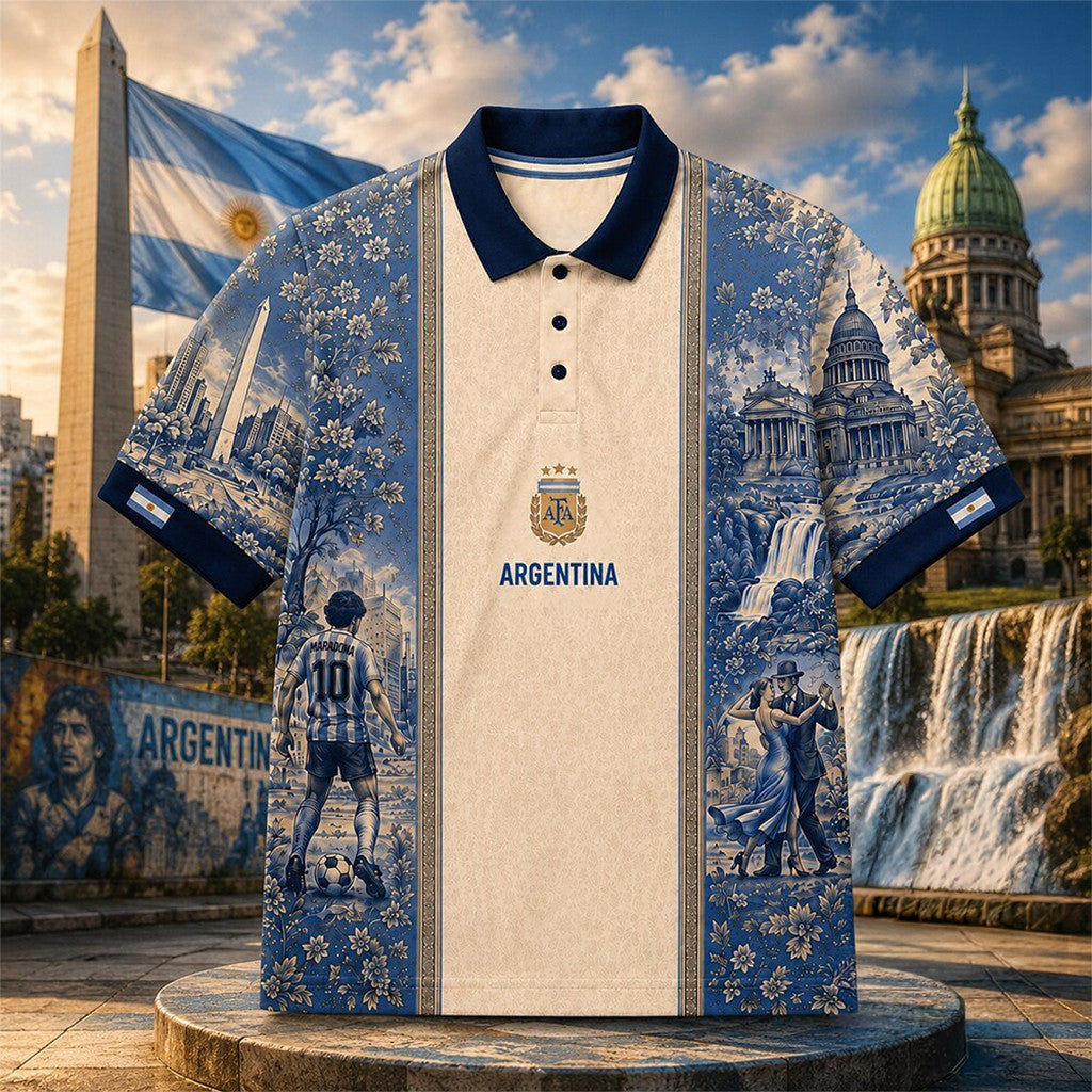 Argentina Maradona Vintage Tribute Polo Shirt Argentina World Cup Merch Football Fan Gifts - Merchluma