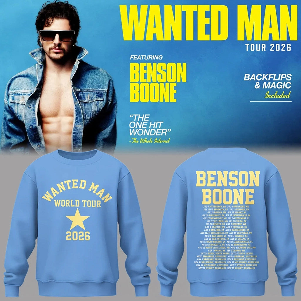 Benson Boone Tour Merch 2026 Wanted Man World Tour Sweatshirt Gifts For Music Fans - Merchluma