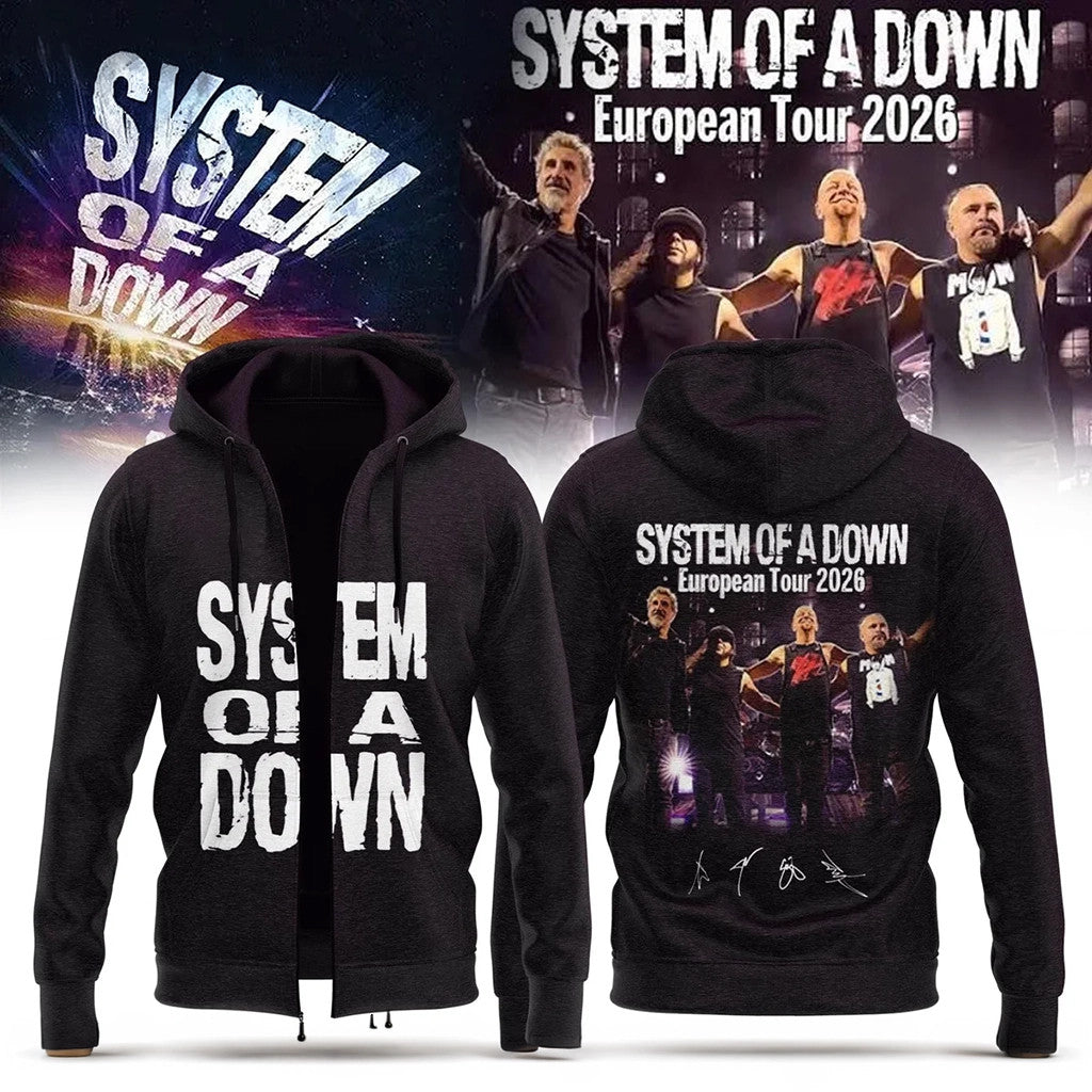 SOAD Merch 2026 System Of A Down Europe Tour Signature Zip Hoodie Gifts For Music Lovers - Merchluma