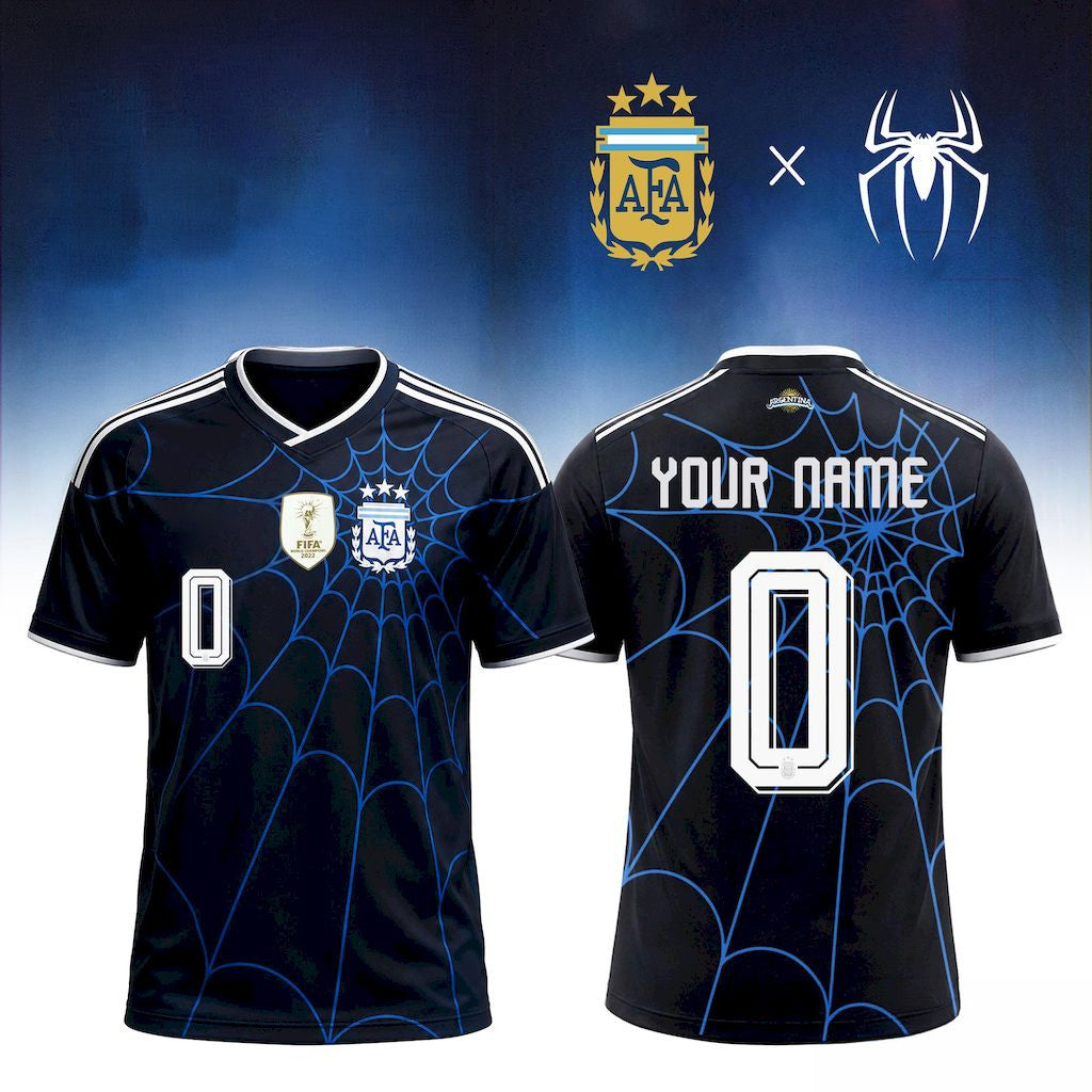 Personalized Argentina X Spider Man Away Soccer Jersey Argentina World Cup 2026 Merch Fan Gifts - Merchluma