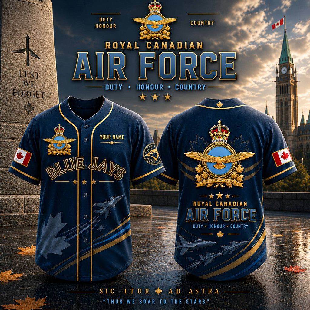 Custom Royal Canadian Air Force Blue Jays Baseball Jersey RCAF Military Aviation Fan Apparel - Merchluma