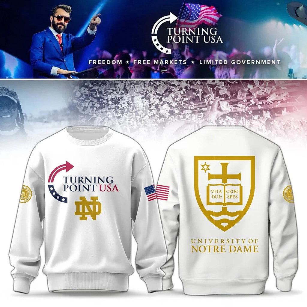 Notre Dame Campus Freedom X Turning Point USA White Sweatshirt TPUSA Merch Present For Him - Merchluma