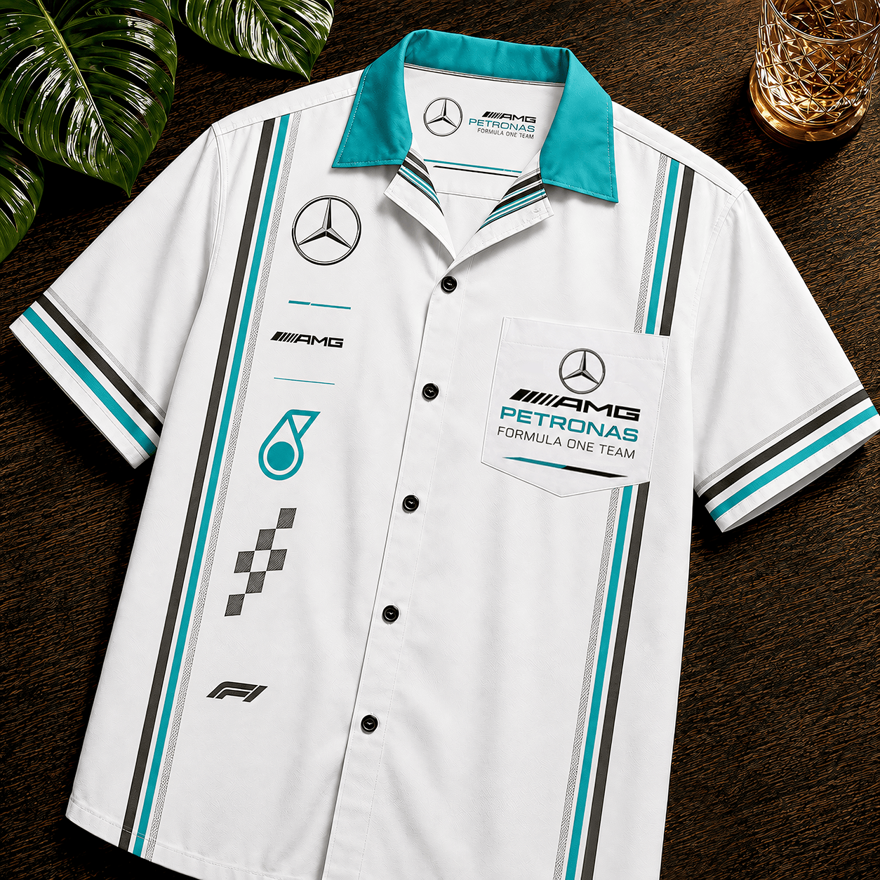Mercedes AMG Petronas Racing Tropical Hawaiian Shirt Mercedes Merch Gift For Race Fans - Merchluma
