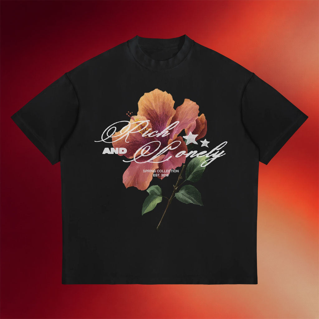 Rich And Lonely Merch 2026 Hibiscus Bloom T-Shirt Black Unique Gift For Friends - Merchluma
