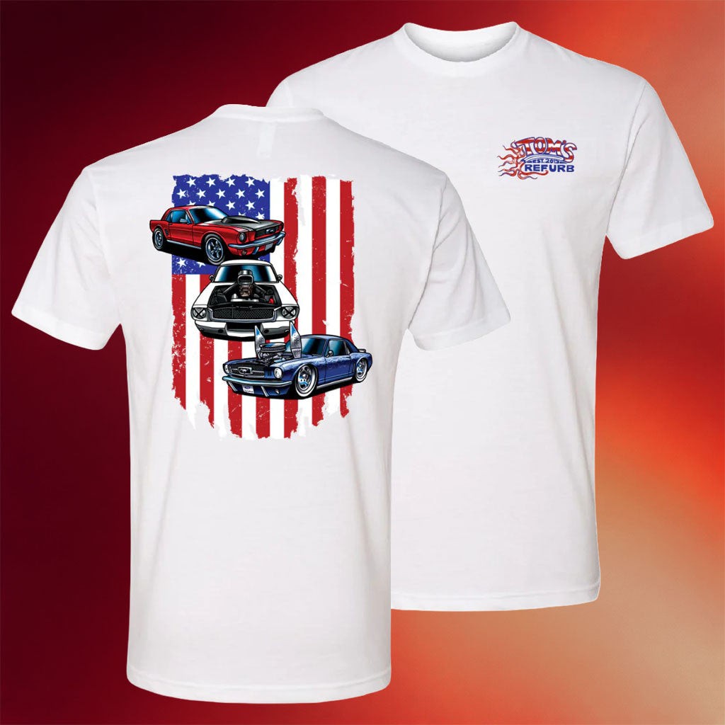 Tom's Refurb Merch 2026 Toms Refurb Patriotic Mustang T-Shirt Gift Ideas For Dad - Merchluma